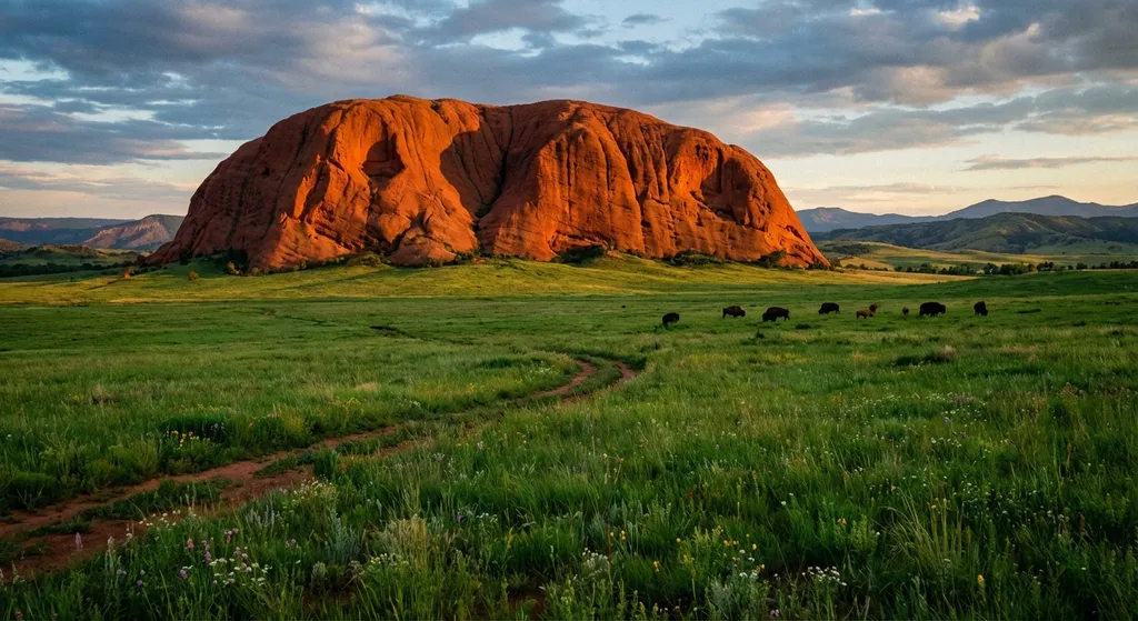 a big red rock on a green grass field