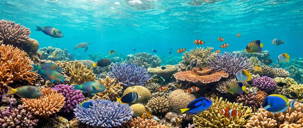 a bright coral reef with colorful fish