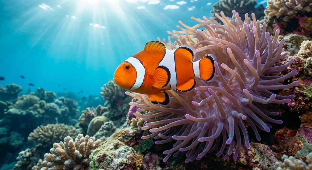a bright orange clownfish swimming near a sea anemone