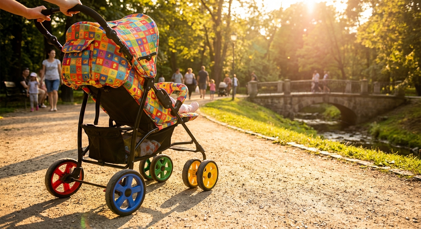 a bright stroller with four colorful wheels on a sunny path