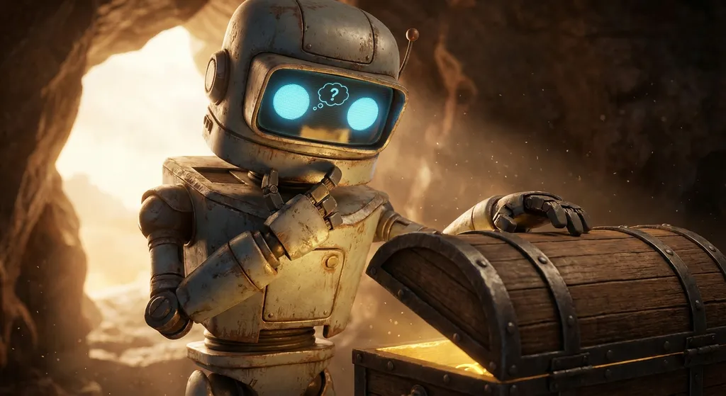 a cartoon robot deciding whether to open a treasure chest