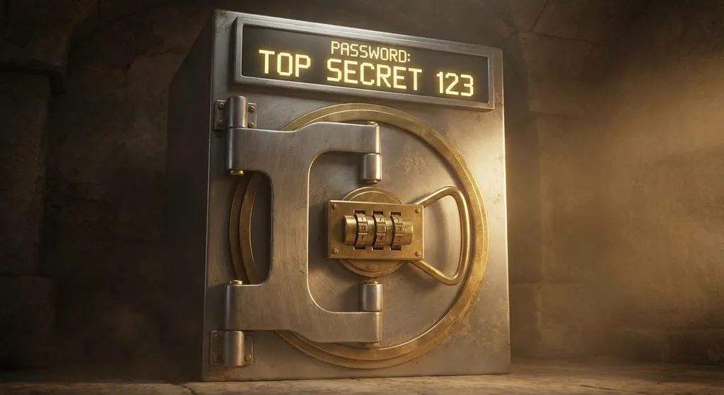 a cartoon vault door with a combination lock, with a password displayed above it