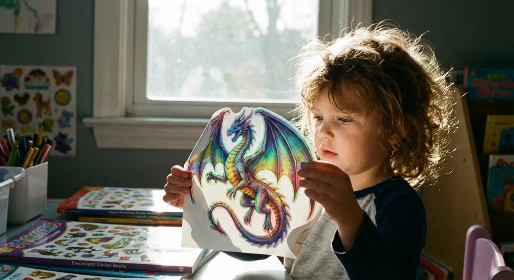 a child holding a colorful sticker