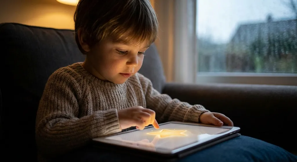 a child tapping a tablet and a star appearing