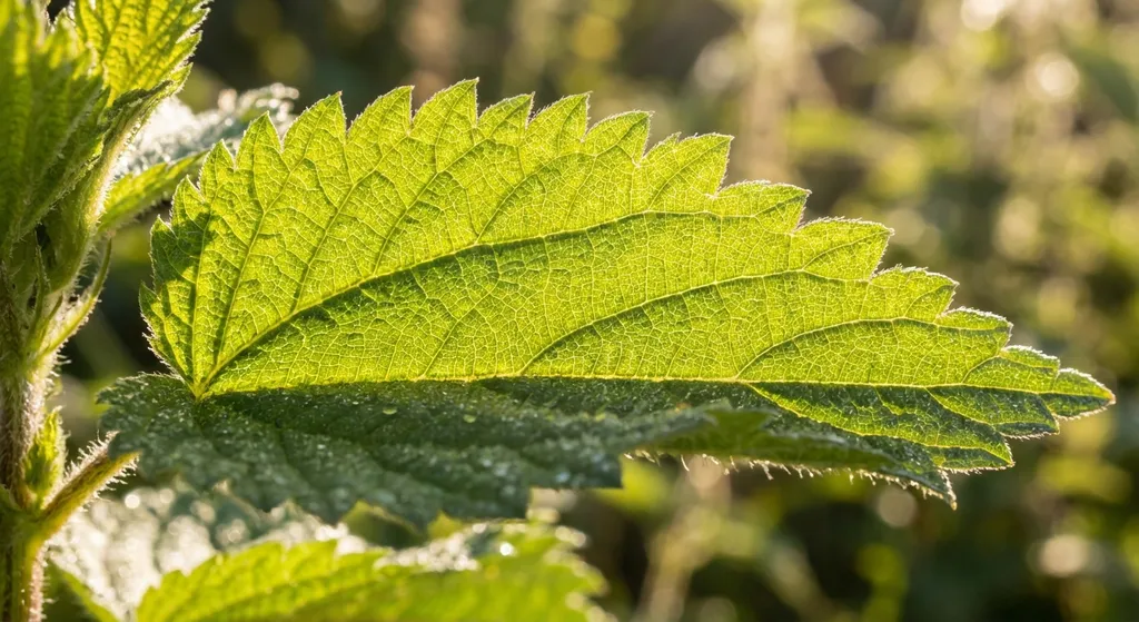 A close up shot of a green leaf in bright sunlight, showing its veins and texture.