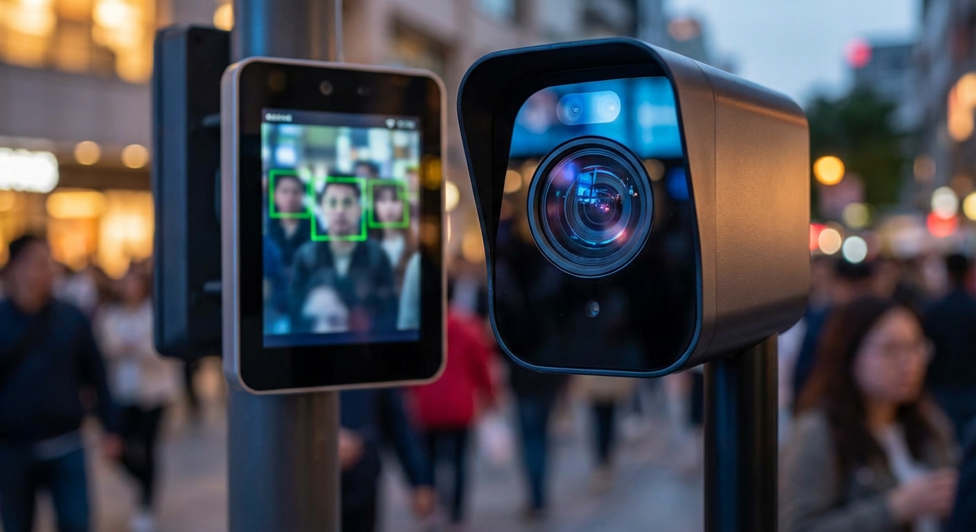 a closeâup of a facialârecognition camera scanning a crowd
