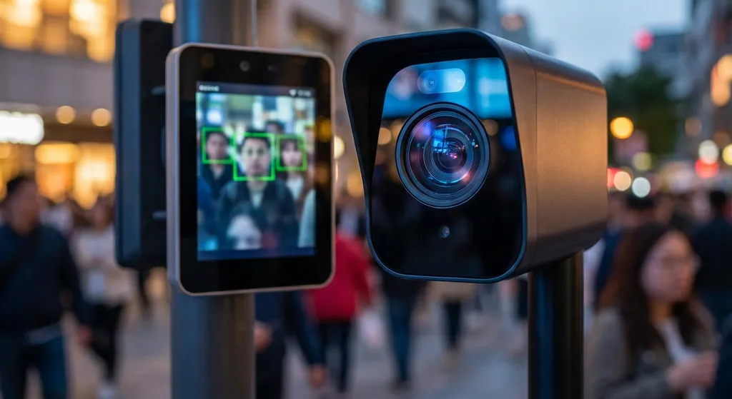 a close‑up of a facial‑recognition camera scanning a crowd