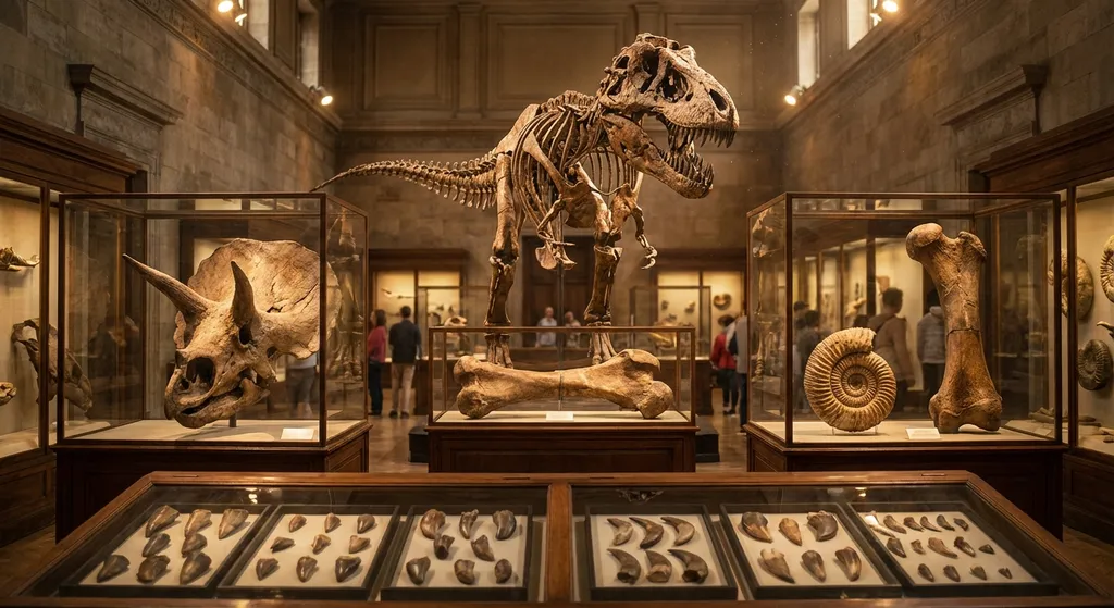 A collection of various dinosaur fossils including bones, teeth, and claws displayed in a museum setting