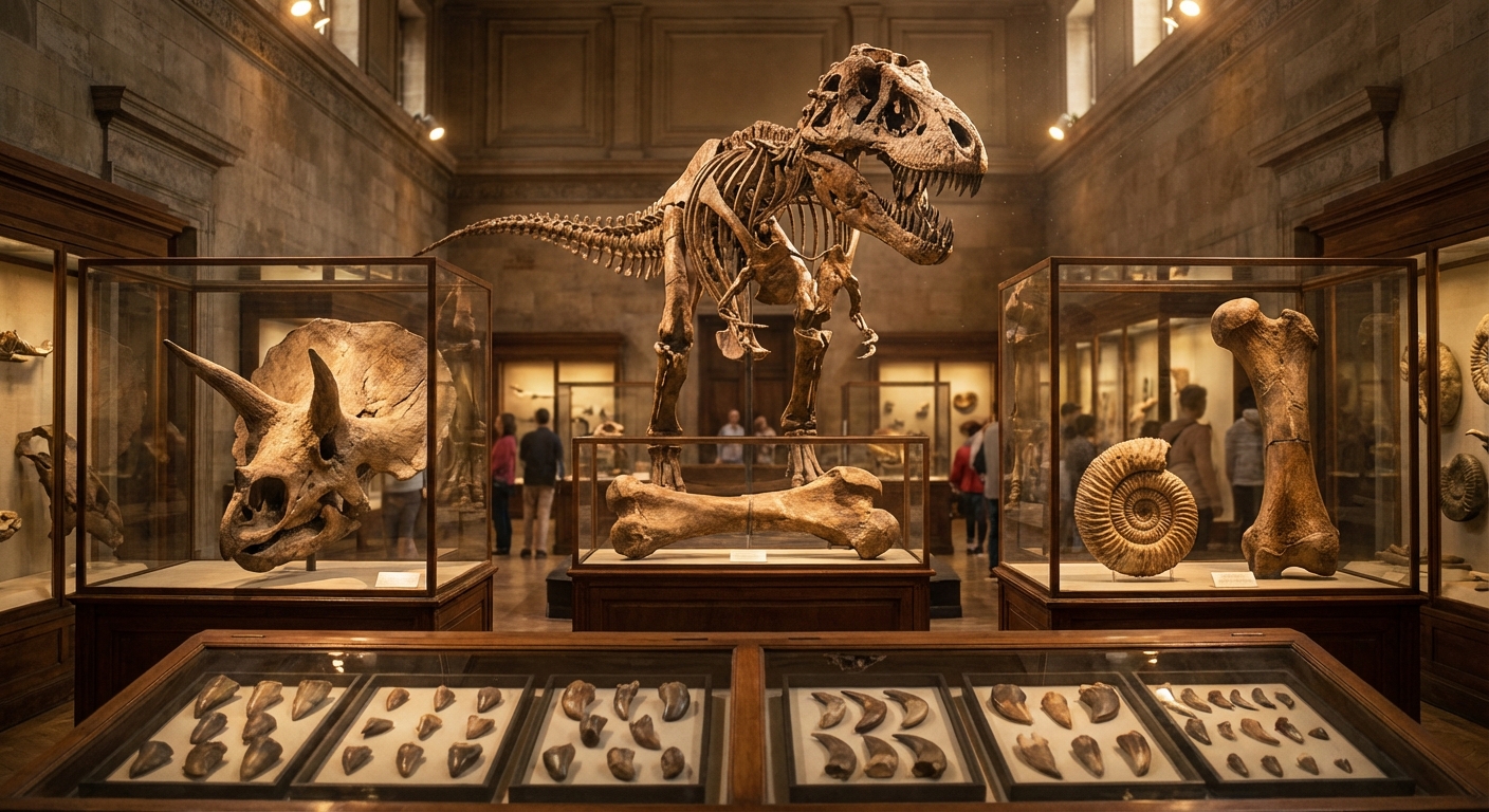 A collection of various dinosaur fossils including bones, teeth, and claws displayed in a museum setting