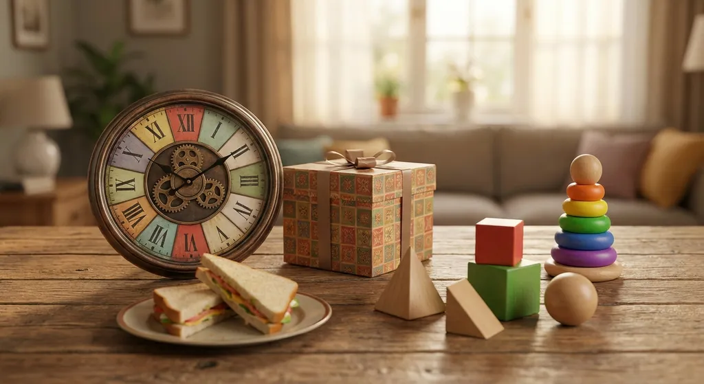 A colorful image featuring common items that include squares, circles, and triangles such as a clock, a sandwich, a gift, and a toy