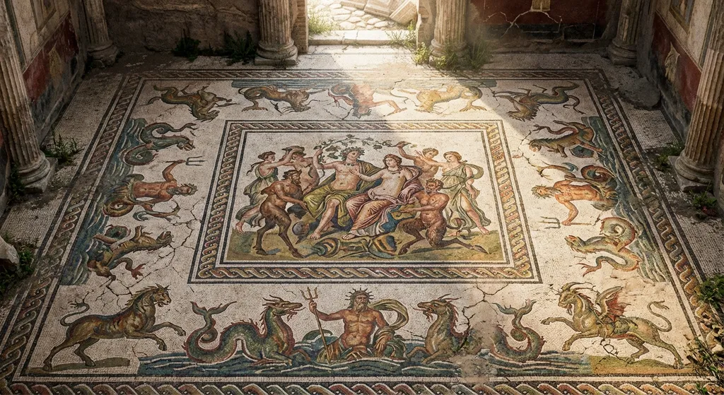 a colorful Roman floor mosaic with mythological figures