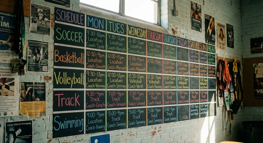 a colorful weekly sports practice schedule on a wall