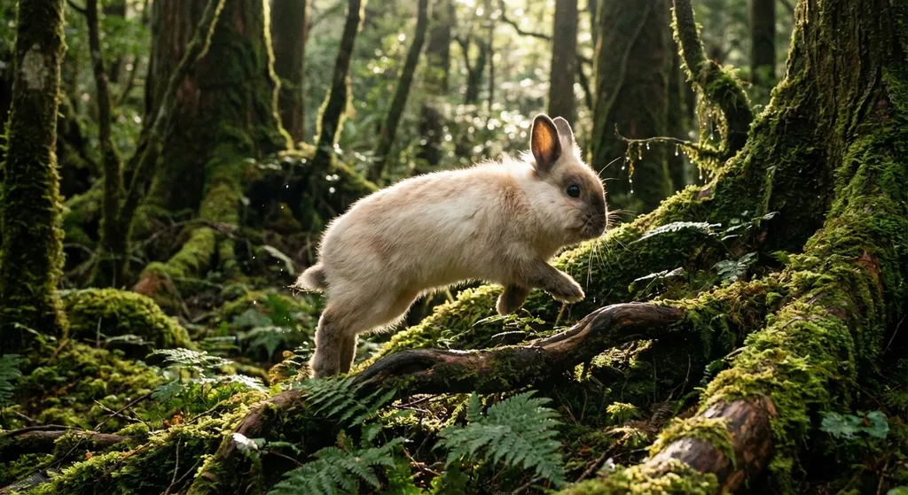 a cute Japanese rabbit hopping through a forest