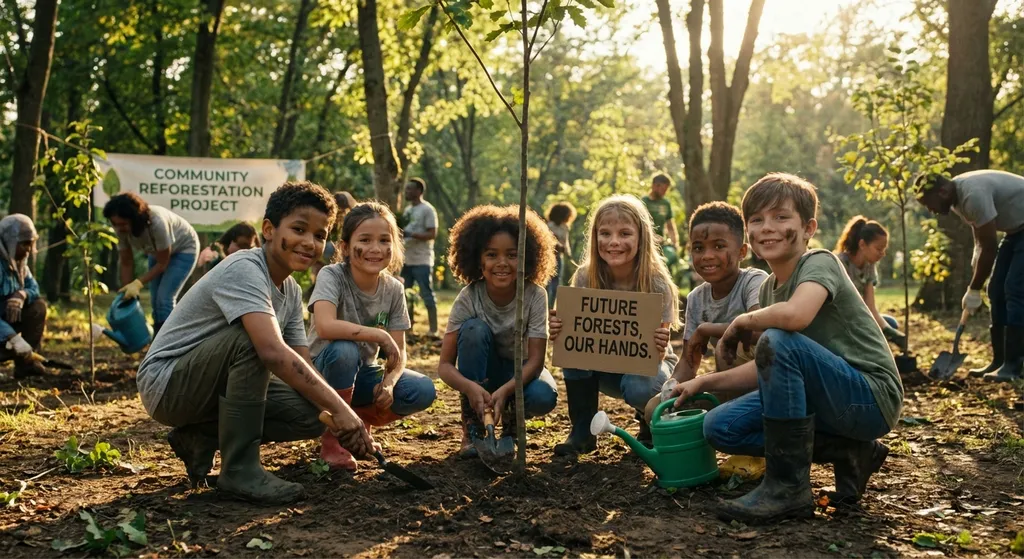 A diverse group of children planting trees in a park, symbolizing reforestation and environmental stewardship.