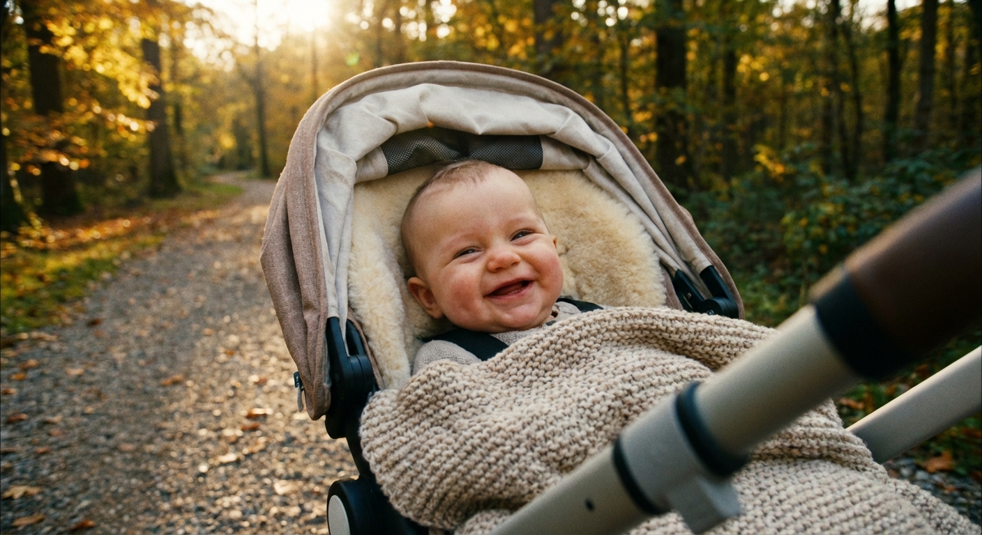 a happy baby smiling in a cozy stroller seat