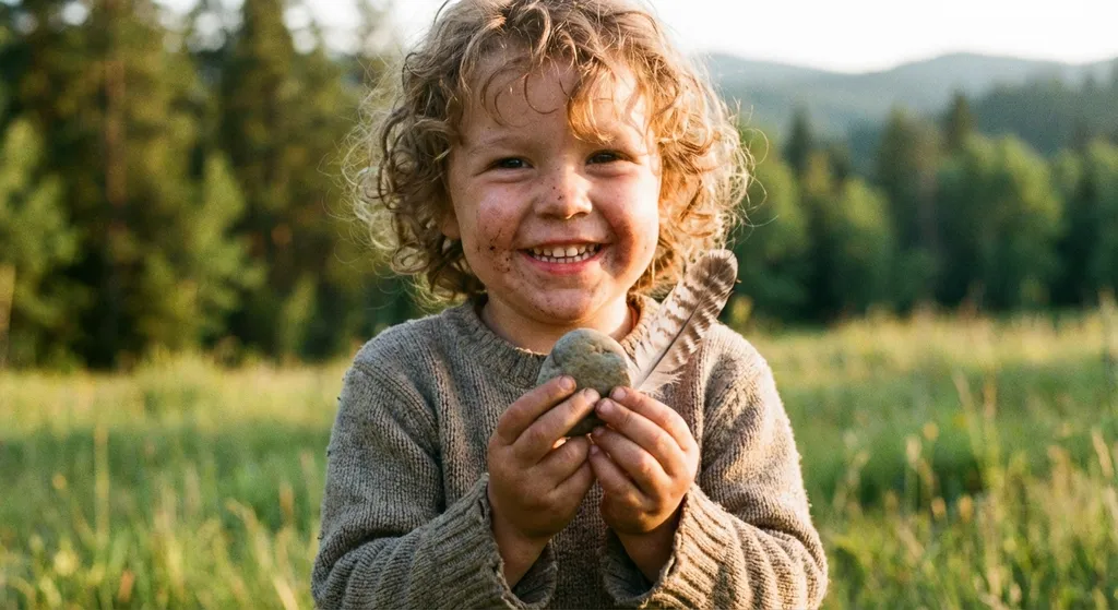 a happy child holding a feather and a small stone together
