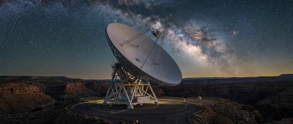 a large radio telescope dish pointing at the night sky