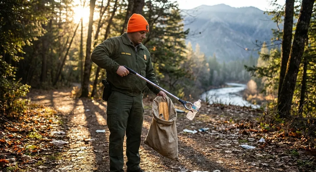 a park ranger in a bright hat picking up trash