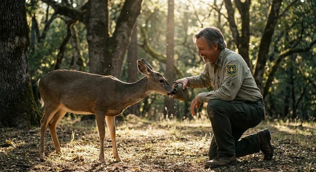 a ranger giving water to a deer