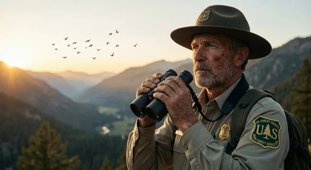 a ranger holding binoculars looking at birds