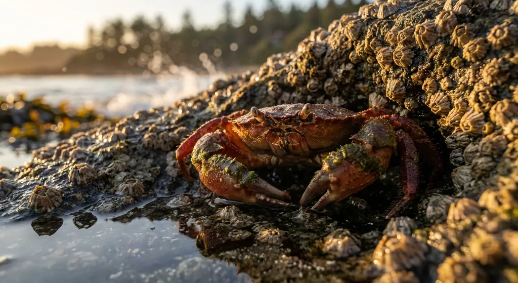 a small crab peeking from a rock