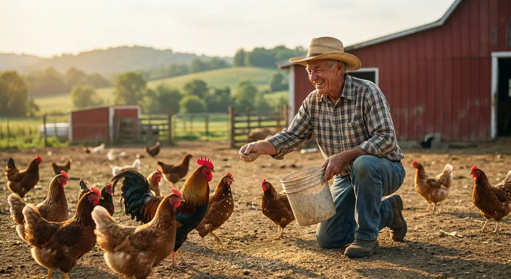 a smiling farmer feeding chickens on a bright farm