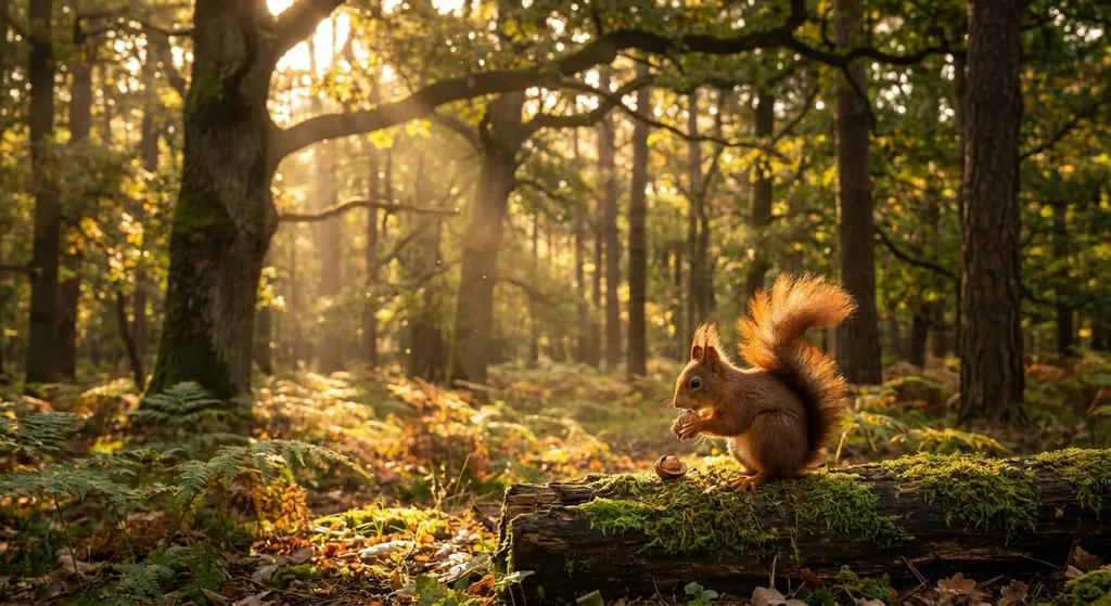 a sunny forest with trees and a squirrel