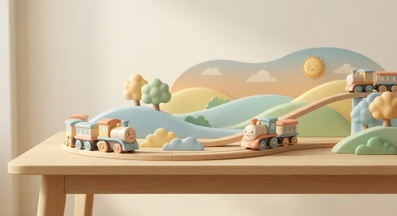 All About Trains learning scene, All About Trains journey, cheerful vehicles moving smoothly, gentle pastel illustration designed for ages 3-4, rounded shapes, caring expressions, text-free illustration with clean unmarked background, balanced composition, soft cinematic lighting, harmonious color palette, inviting and joyful mood