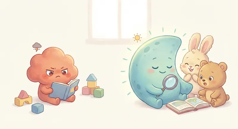 Angry and Calm learning scene, Angry and Calm learning scene filled with curiosity and joy, gentle pastel illustration designed for ages 3-4, rounded shapes, caring expressions, text-free illustration with clean unmarked background, balanced composition, soft cinematic lighting, harmonious color palette, inviting and joyful mood