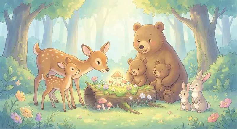 Animal Families learning scene, Animal Families animals discovering together, joyful storybook moment, gentle pastel illustration designed for ages 3-4, rounded shapes, caring expressions, text-free illustration with clean unmarked background, balanced composition, soft cinematic lighting, harmonious color palette, inviting and joyful mood