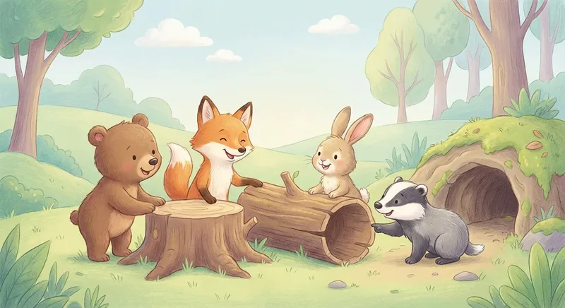 Animal Homes learning scene, Animal Homes animals discovering together, joyful storybook moment, gentle pastel illustration designed for ages 3-4, rounded shapes, caring expressions, text-free illustration with clean unmarked background, balanced composition, soft cinematic lighting, harmonious color palette, inviting and joyful mood