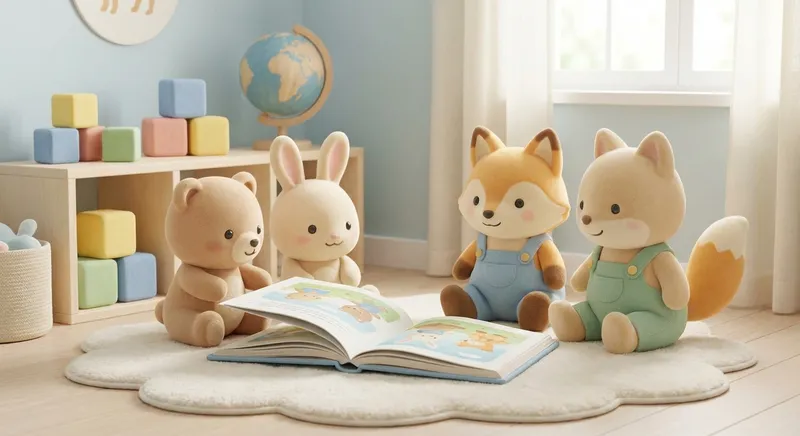 Animal Stories for Little Explorers learning scene, Animal Stories for Little Explorers learning scene filled with curiosity and joy, gentle pastel illustration designed for ages 3-4, rounded shapes, caring expressions, text-free illustration with clean unmarked background, balanced composition, soft cinematic lighting, harmonious color palette, inviting and joyful mood