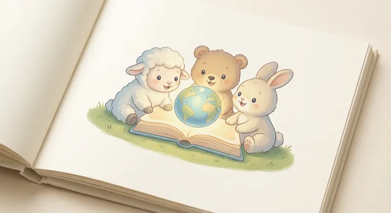 Baby Animals learning scene, Baby Animals animals discovering together, joyful storybook moment, gentle pastel illustration designed for ages 3-4, rounded shapes, caring expressions, text-free illustration with clean unmarked background, balanced composition, soft cinematic lighting, harmonious color palette, inviting and joyful mood