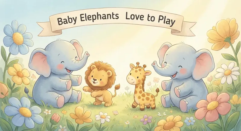 Baby Elephants Love to Play learning scene, Baby Elephants Love to Play animals discovering together, joyful storybook moment, gentle pastel illustration designed for ages 3-4, rounded shapes, caring expressions, text-free illustration with clean unmarked background, balanced composition, soft cinematic lighting, harmonious color palette, inviting and joyful mood