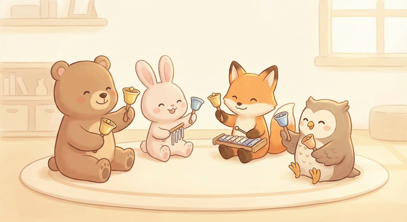 Bells and Chimes learning scene, Bells and Chimes music jam session, cheerful instruments and rhythm, gentle pastel illustration designed for ages 3-4, rounded shapes, caring expressions, text-free illustration with clean unmarked background, balanced composition, soft cinematic lighting, harmonious color palette, inviting and joyful mood