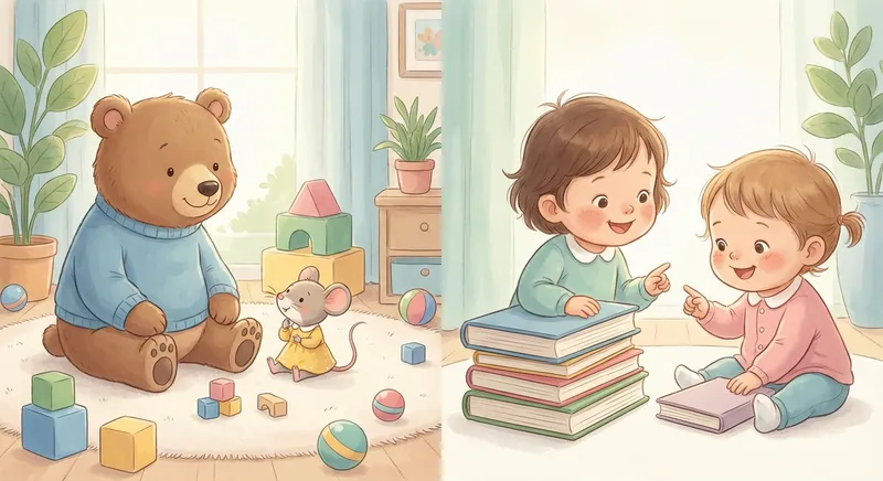 Big and Small learning scene, Big and Small learning scene filled with curiosity and joy, gentle pastel illustration designed for ages 3-4, rounded shapes, caring expressions, text-free illustration with clean unmarked background, balanced composition, soft cinematic lighting, harmonious color palette, inviting and joyful mood