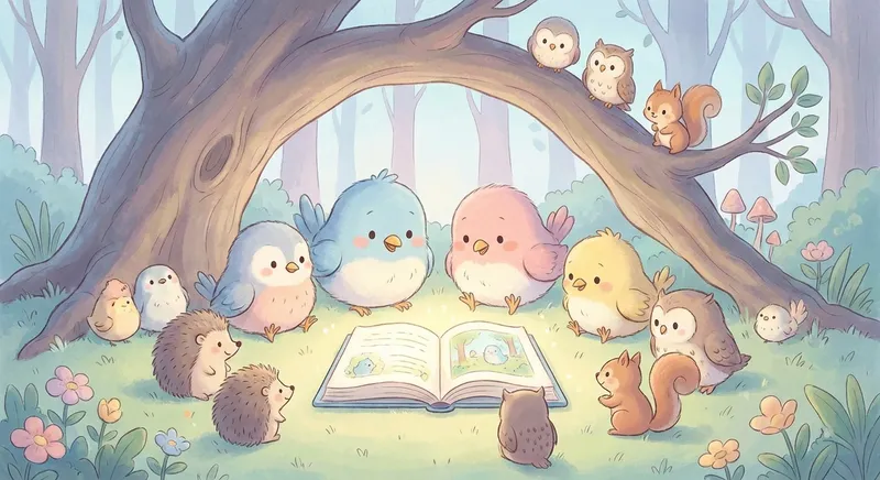 Birds learning scene, Birds animals discovering together, joyful storybook moment, gentle pastel illustration designed for ages 3-4, rounded shapes, caring expressions, text-free illustration with clean unmarked background, balanced composition, soft cinematic lighting, harmonious color palette, inviting and joyful mood