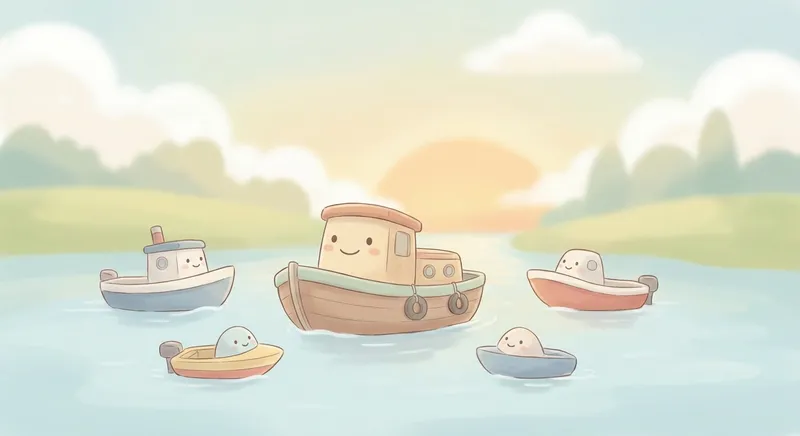 Boats learning scene, Boats journey, cheerful vehicles moving smoothly, gentle pastel illustration designed for ages 3-4, rounded shapes, caring expressions, text-free illustration with clean unmarked background, balanced composition, soft cinematic lighting, harmonious color palette, inviting and joyful mood