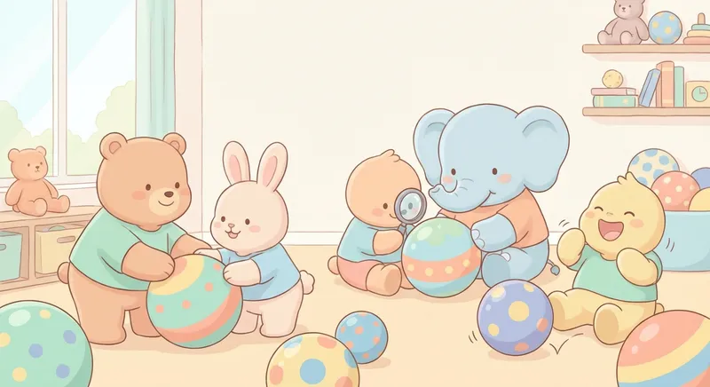 Bouncy Balls Happy Play learning scene, Bouncy Balls Happy Play learning scene filled with curiosity and joy, gentle pastel illustration designed for ages 3-4, rounded shapes, caring expressions, text-free illustration with clean unmarked background, balanced composition, soft cinematic lighting, harmonious color palette, inviting and joyful mood