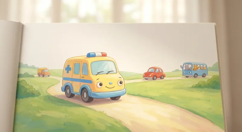 Bright Ambulance Adventure learning scene, Bright Ambulance Adventure journey, cheerful vehicles moving smoothly, gentle pastel illustration designed for ages 3-4, rounded shapes, caring expressions, text-free illustration with clean unmarked background, balanced composition, soft cinematic lighting, harmonious color palette, inviting and joyful mood