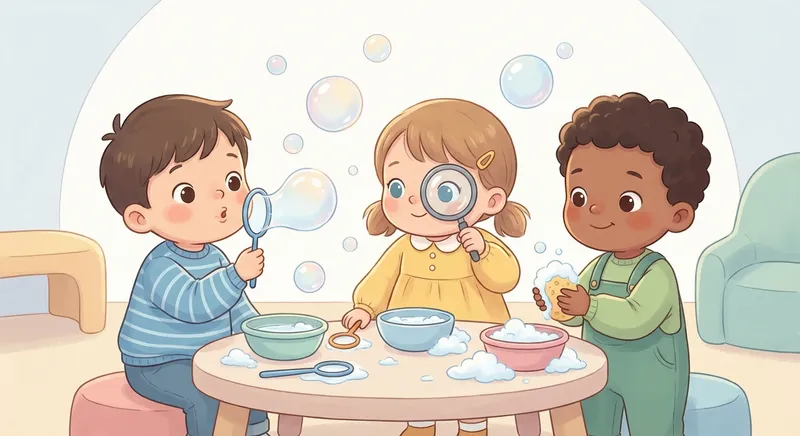 Bubbles Everywhere learning scene, Bubbles Everywhere experiment underway, curious kids collaborating, gentle pastel illustration designed for ages 3-4, rounded shapes, caring expressions, text-free illustration with clean unmarked background, balanced composition, soft cinematic lighting, harmonious color palette, inviting and joyful mood