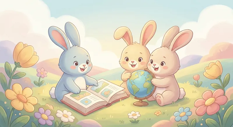 Bunnies learning scene, Bunnies animals discovering together, joyful storybook moment, gentle pastel illustration designed for ages 3-4, rounded shapes, caring expressions, text-free illustration with clean unmarked background, balanced composition, soft cinematic lighting, harmonious color palette, inviting and joyful mood