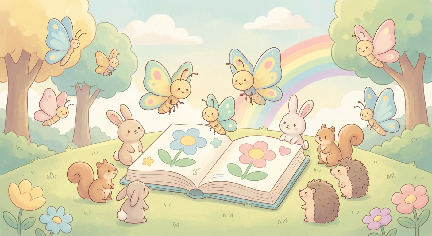 Butterflies learning scene, Butterflies animals discovering together, joyful storybook moment, gentle pastel illustration designed for ages 3-4, rounded shapes, caring expressions, text-free illustration with clean unmarked background, balanced composition, soft cinematic lighting, harmonious color palette, inviting and joyful mood