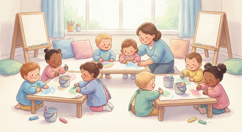 Chalk Drawing learning scene, Chalk Drawing art activity, colorful studio energy and creativity, gentle pastel illustration designed for ages 3-4, rounded shapes, caring expressions, text-free illustration with clean unmarked background, balanced composition, soft cinematic lighting, harmonious color palette, inviting and joyful mood