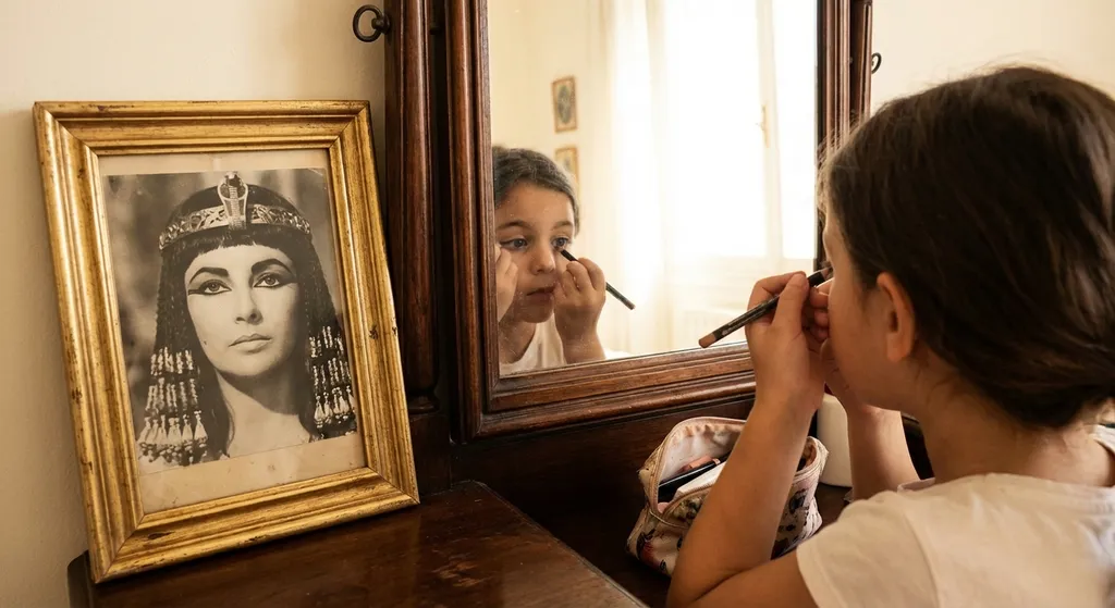 Child applying eyeliner in a mirror, next to a photo of an Ancient Egyptian woman with elaborate eye makeup.