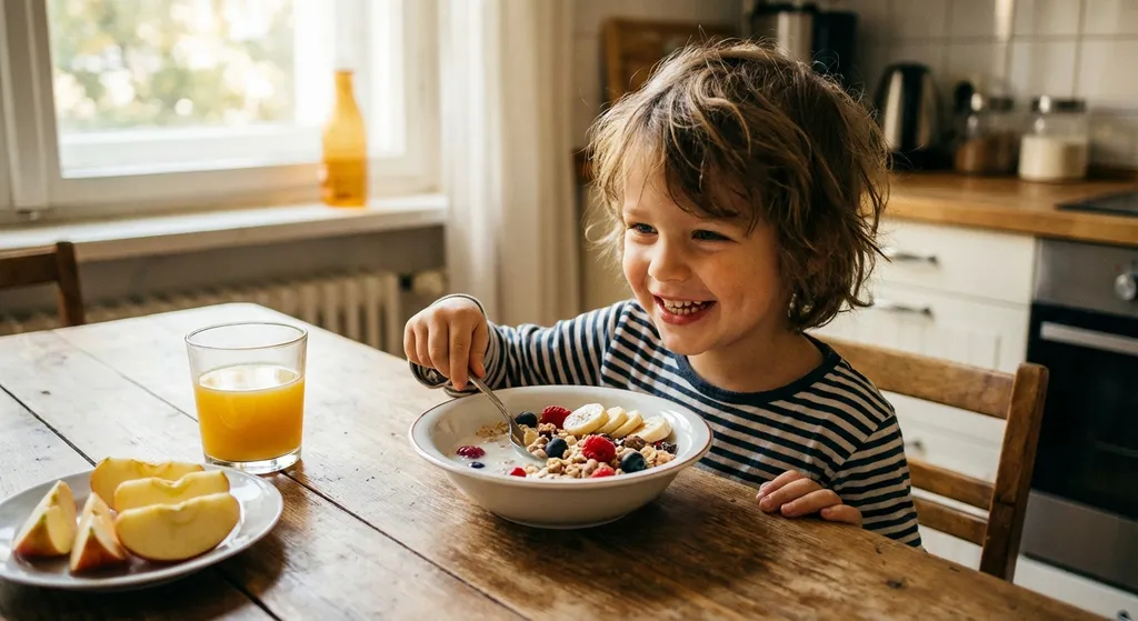 Child eating a healthy breakfast with fruits and cereal