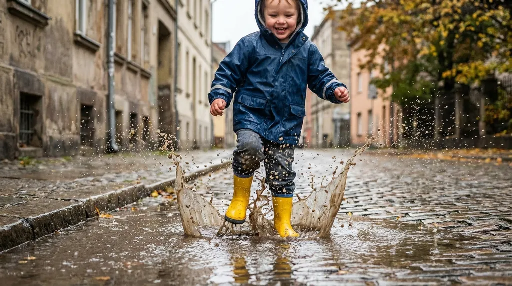 child in rain boots stomping in a puddle, creating a splash