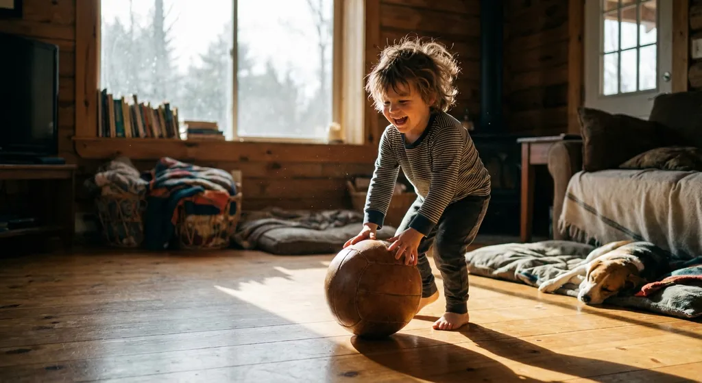 Child rolling a ball across the floor