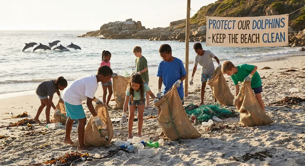 children cleaning a beach to protect dolphins
