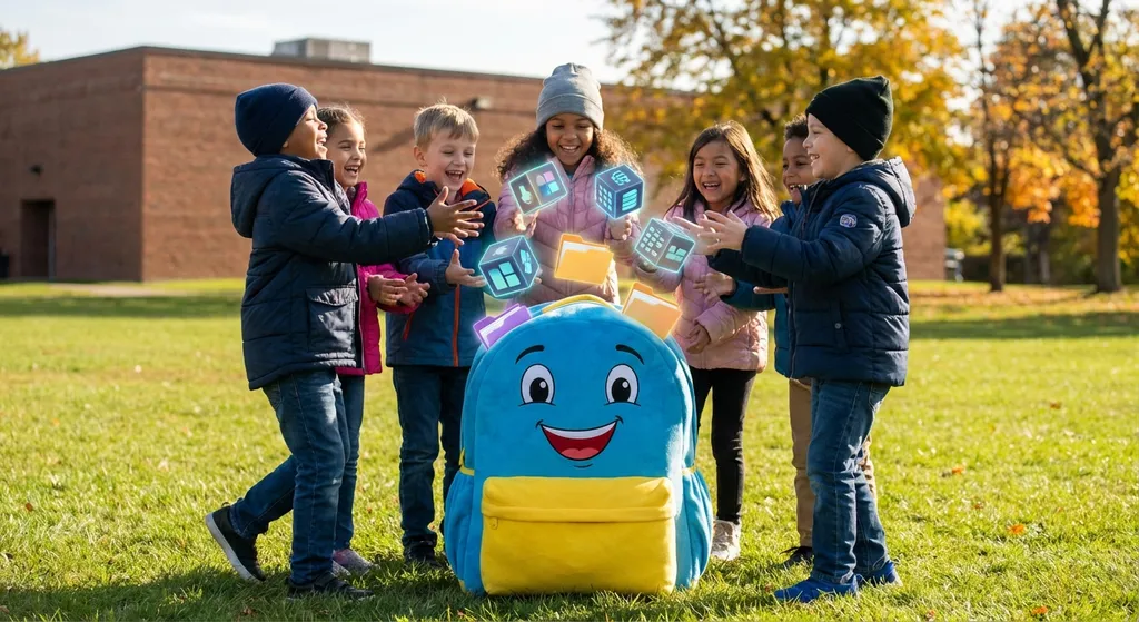 children happily packing digital files into a giant cartoon backpack